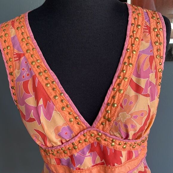 Express 100% silk shades of pink/red/orange/purple floral print fitted waist top - Picture 2 of 8